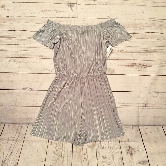 Charlotte Russe Pants - Silver Pleated Off The Shoulder Romper